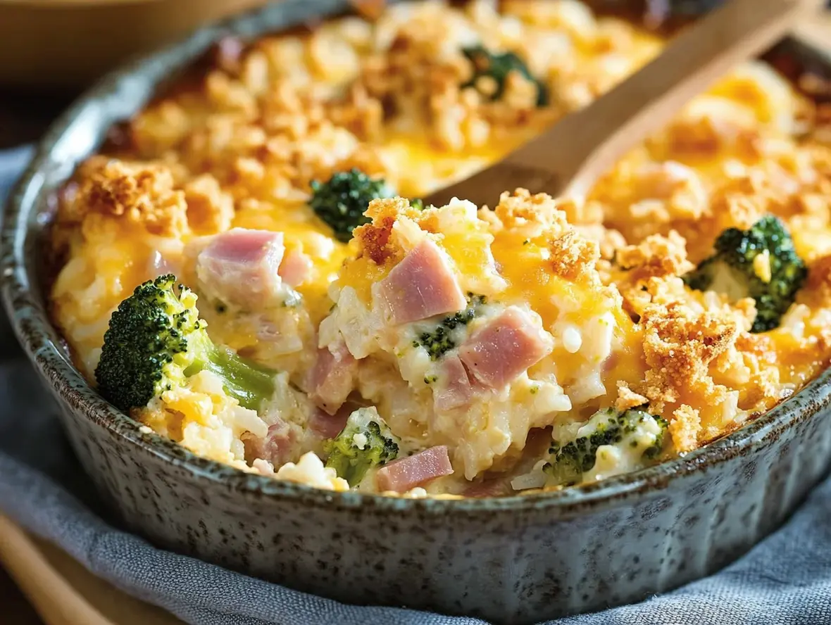 Served chicken ham and rice casserole with broccoli in a bowl