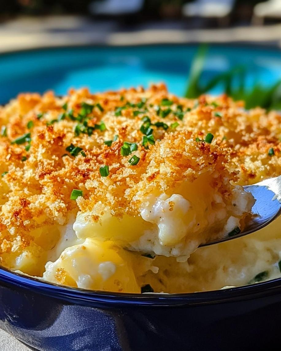 A plated serving of Funeral Potatoes with garnishes, highlighting the bright and inviting nature of the dish.