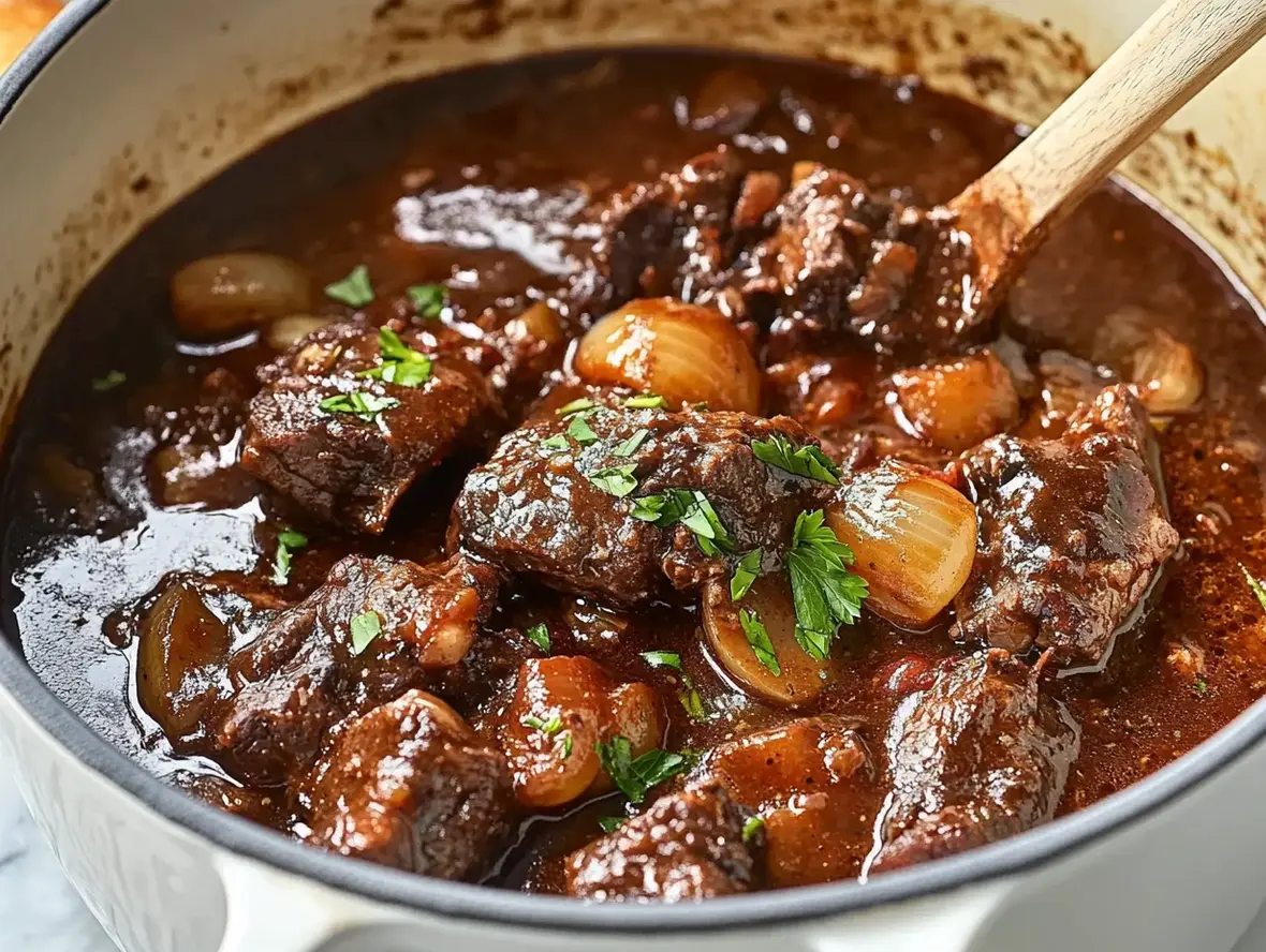 Finished Beef Bourguignon stew in a rustic bowl, steam rising, ready to be enjoyed with a side of bread, capturing the warmth and richness of French cooking.