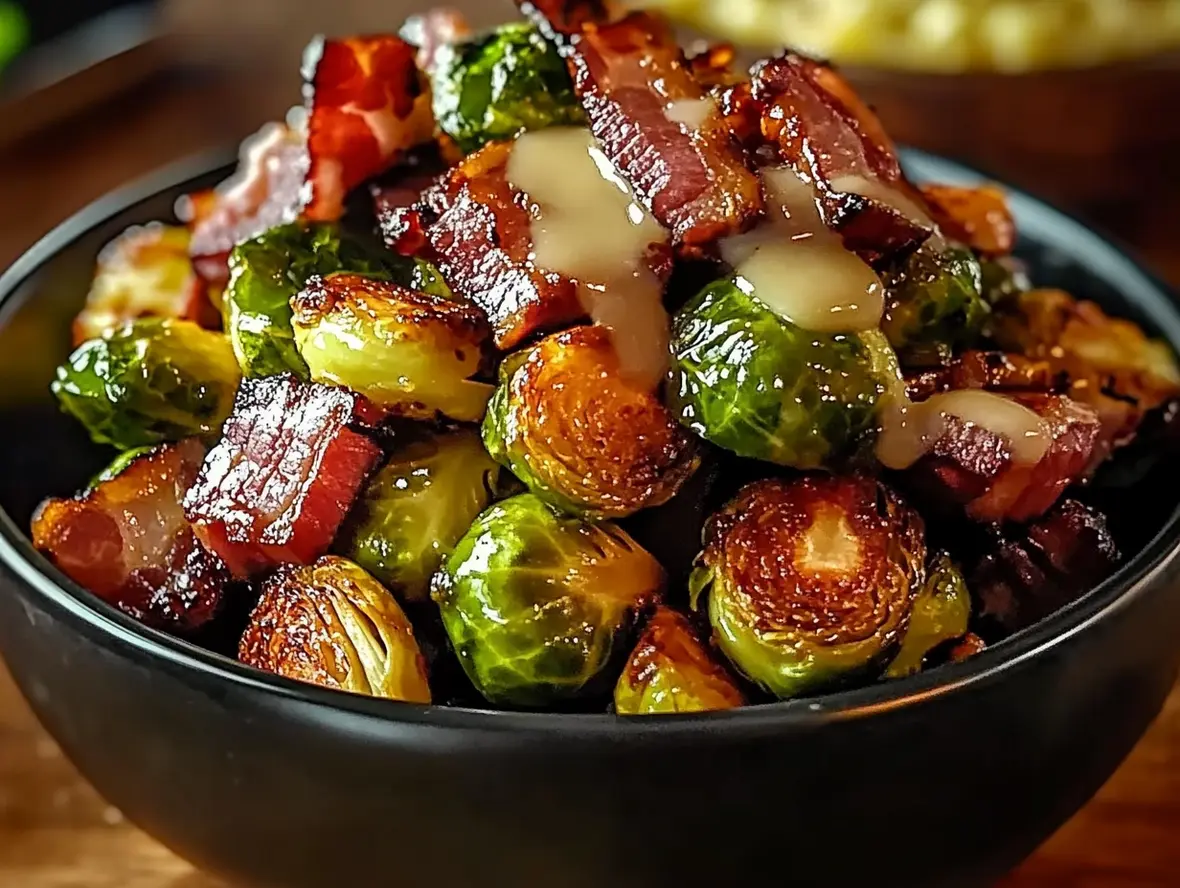 Finished dish of honey glazed roasted Brussels sprouts with crispy bacon, garnished and ready to serve.