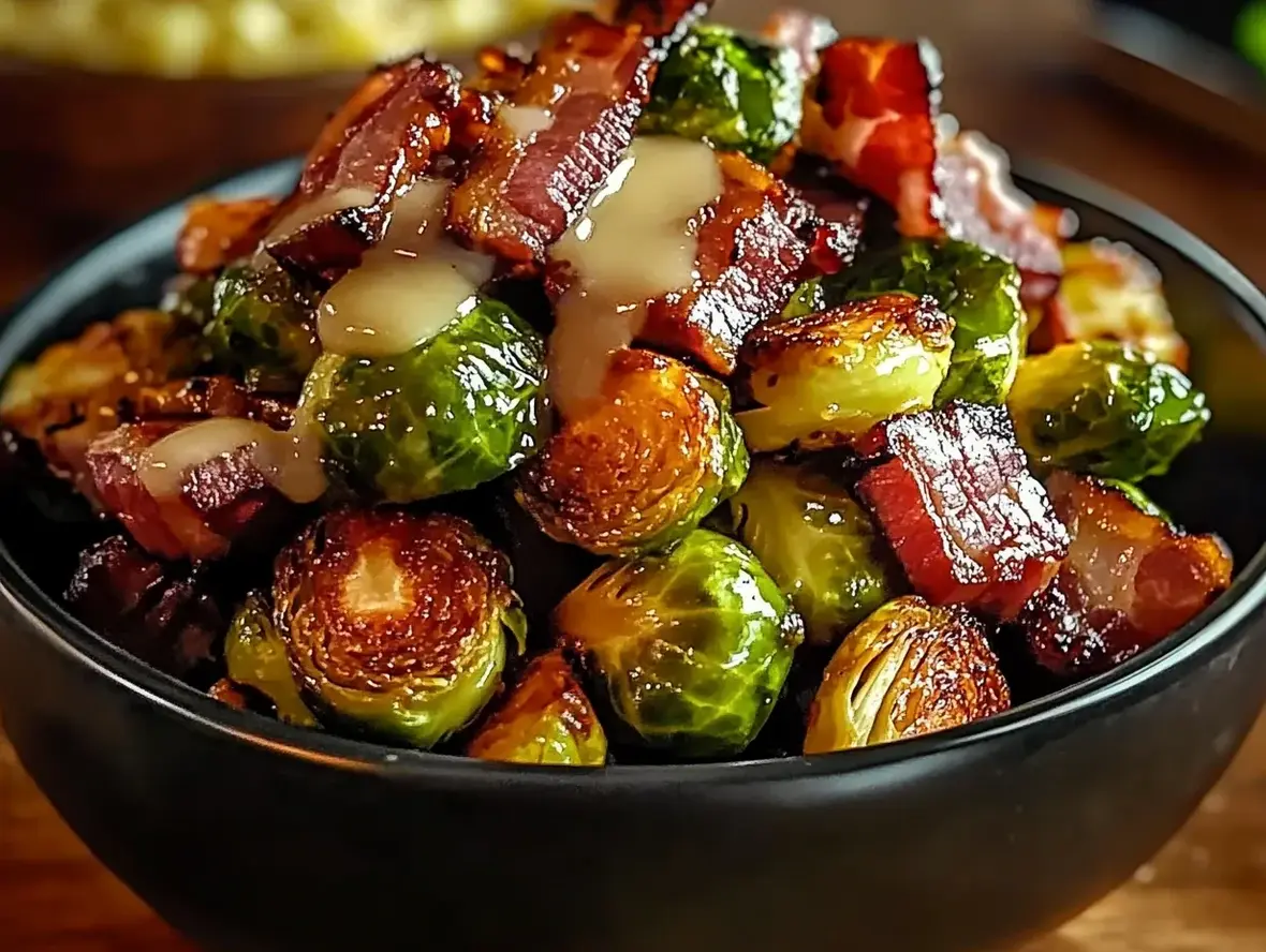 A close-up of halved Brussels sprouts mixed with uncooked turkey bacon strips, ready for roasting.