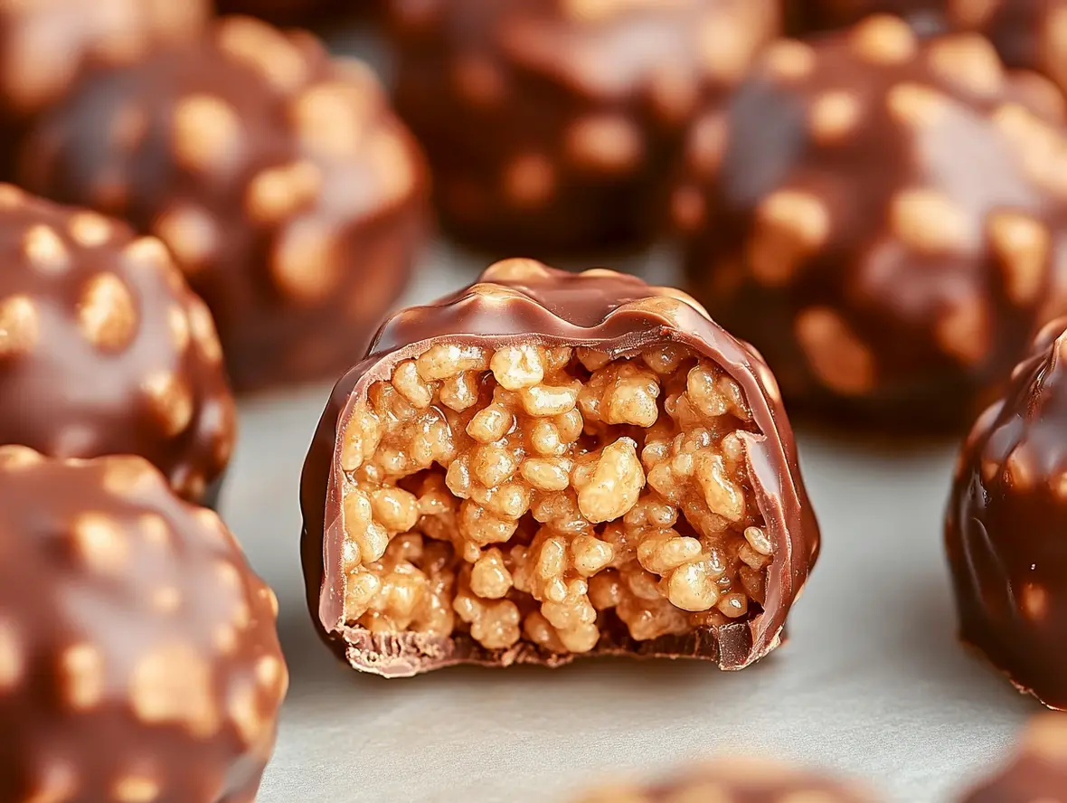 A delicious assortment of finished Rice Krispie Peanut Butter Balls surrounding a festive plate, highlighting the smooth chocolate exterior and inviting textures.