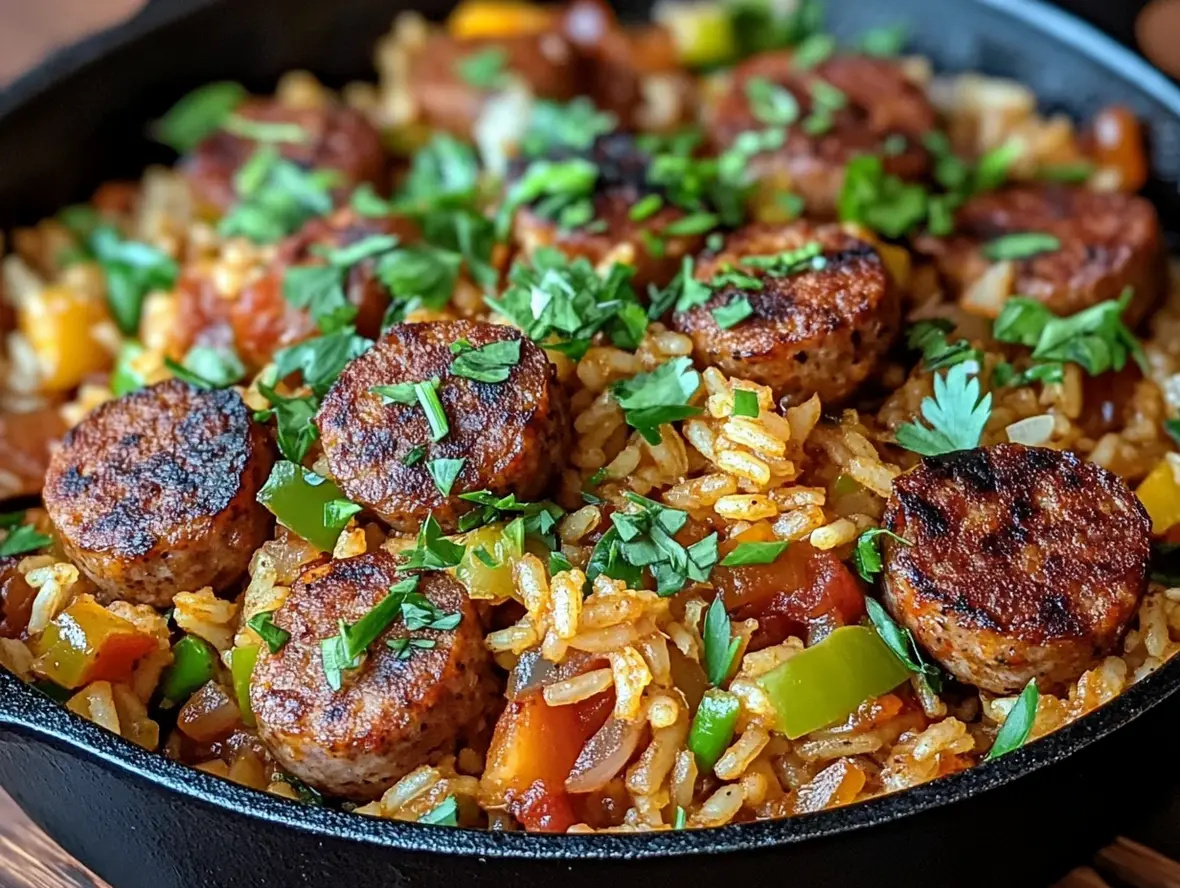 Finished sausage and rice skillet plated with garnishes, ready to serve on a busy weeknight.