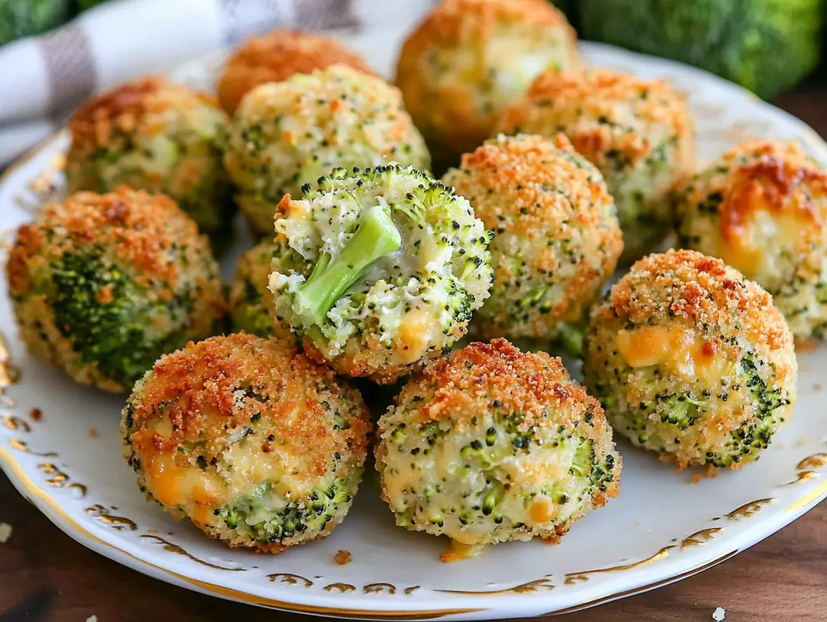 Baked broccoli cheese balls fresh out of the oven, golden and crispy, served on a white plate with dipping sauces