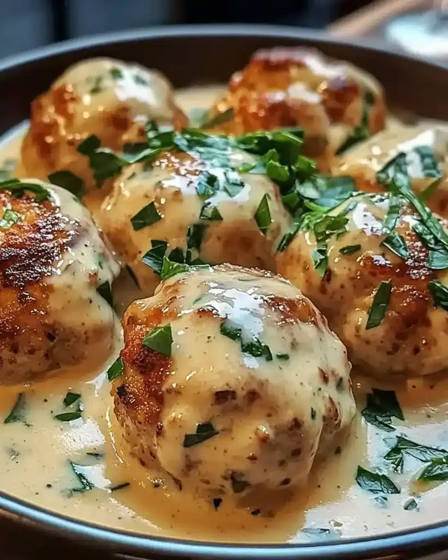 Served plate of Chicken Ricotta Meatballs with Spinach Alfredo Sauce on a rustic table