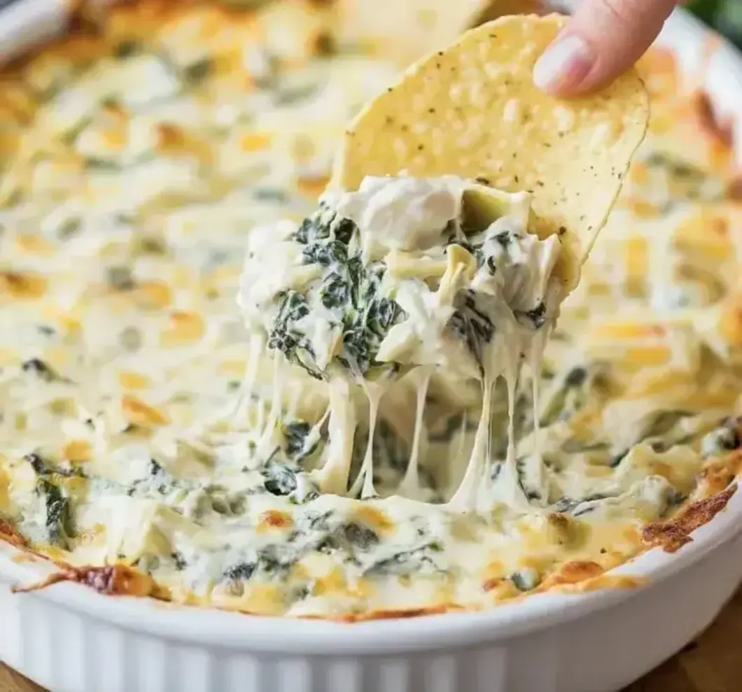 Close-up of warm spinach artichoke dip being scooped with crackers, emphasizing the cheesy, bubbling texture
