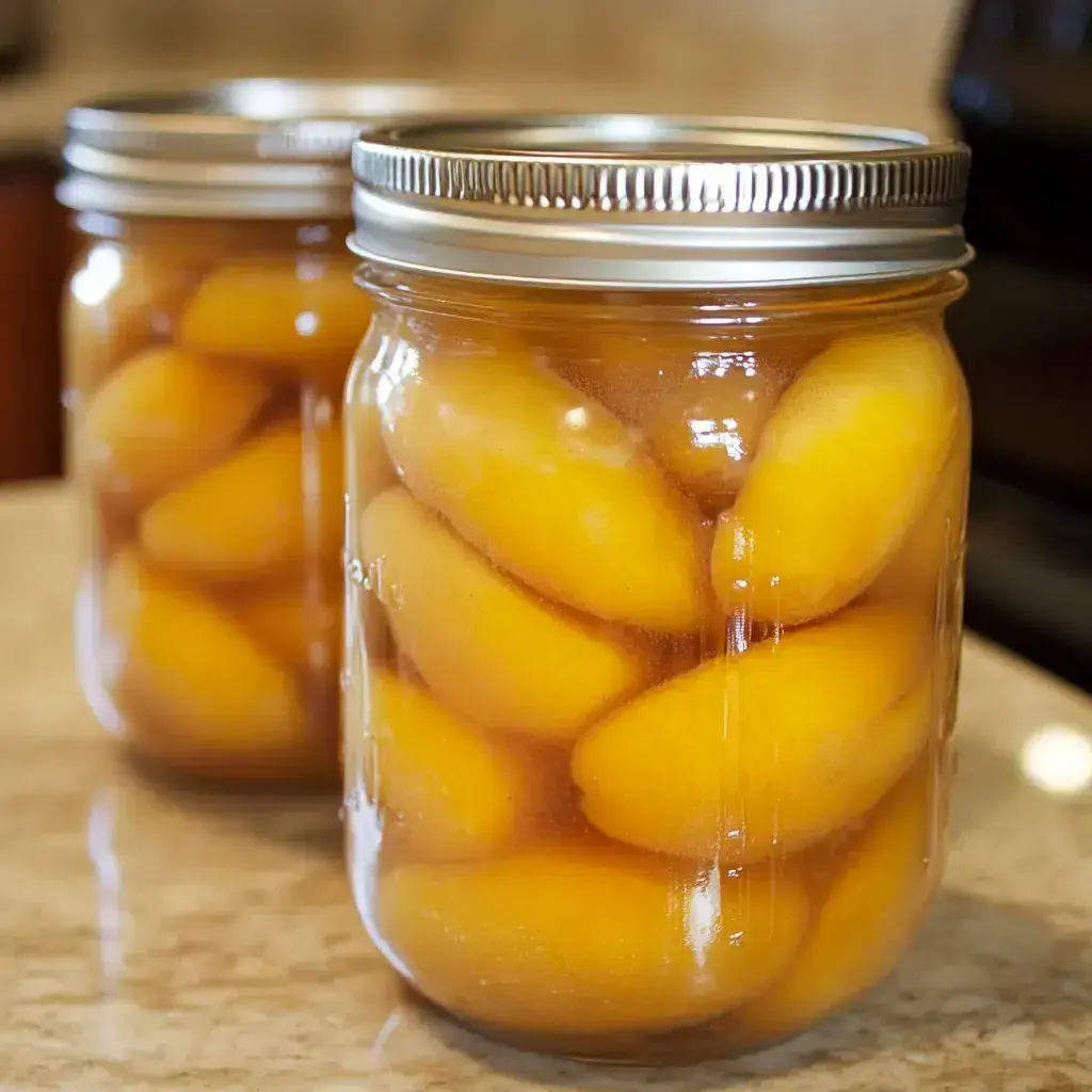 Row of sealed jars of canned peaches on a shelf, displaying the golden fruit and syrup.