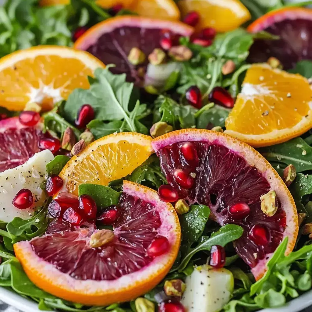 Finished winter citrus salad with homemade dressing in a serving bowl