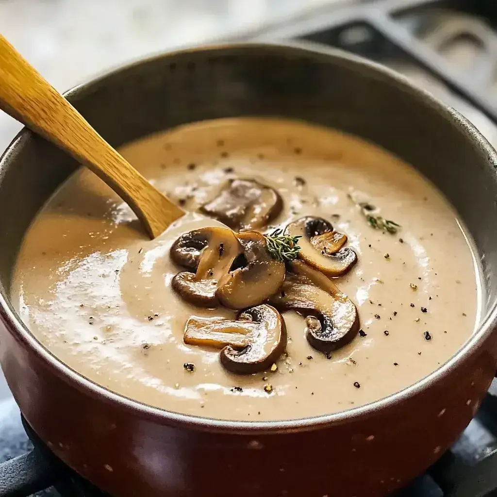 Finished bowl of cream of mushroom soup with herb garnish, ready to serve