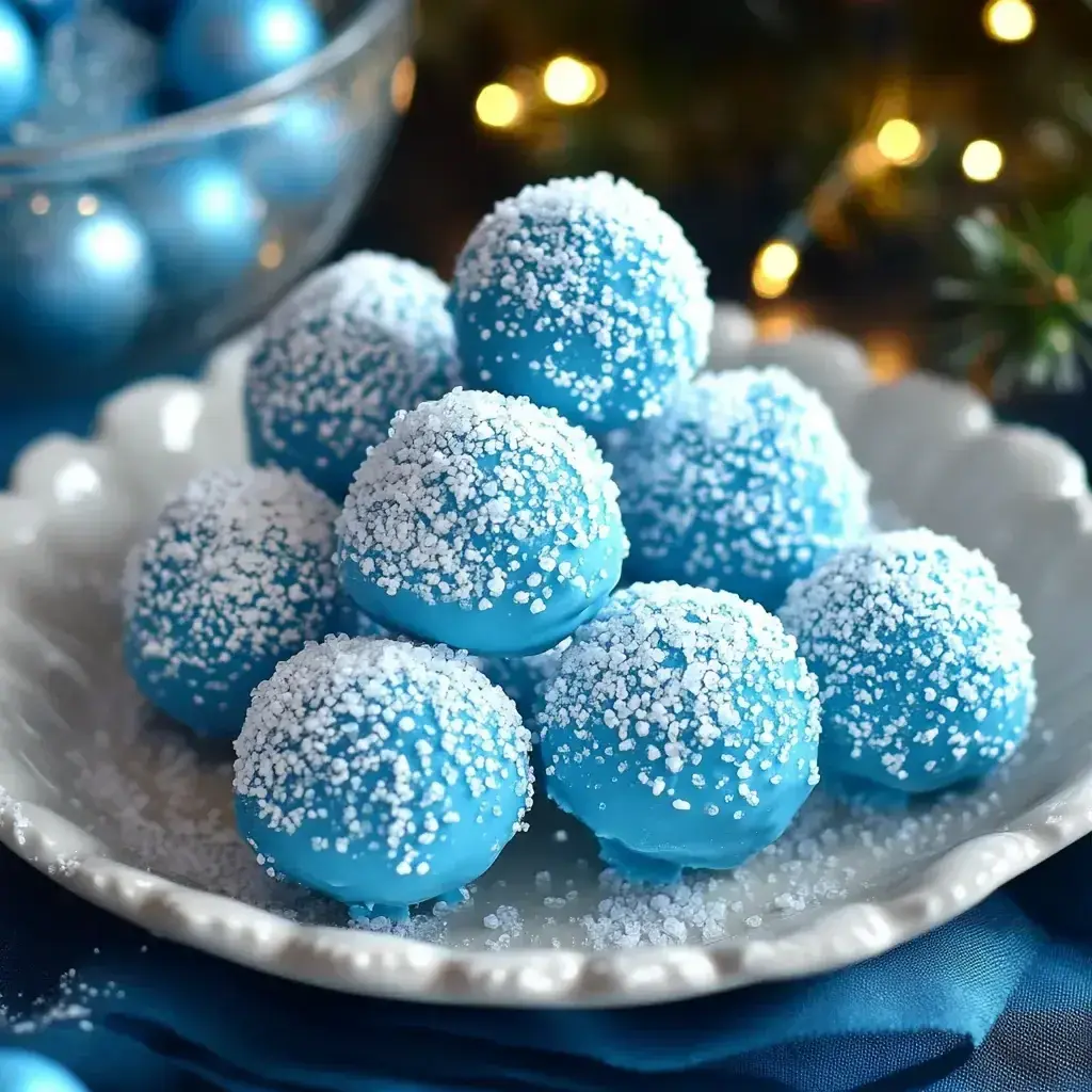 Close-up of blue truffles with glittery sugar, ready to serve during Christmas festivities