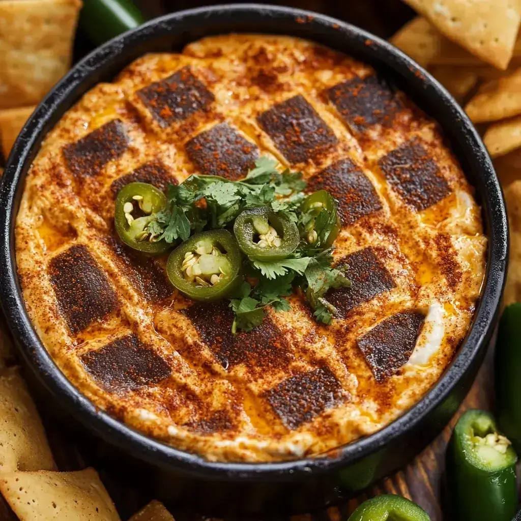 Finished smoked cream cheese dip in a serving dish, ready for the party, showcasing the golden hue from smoking.