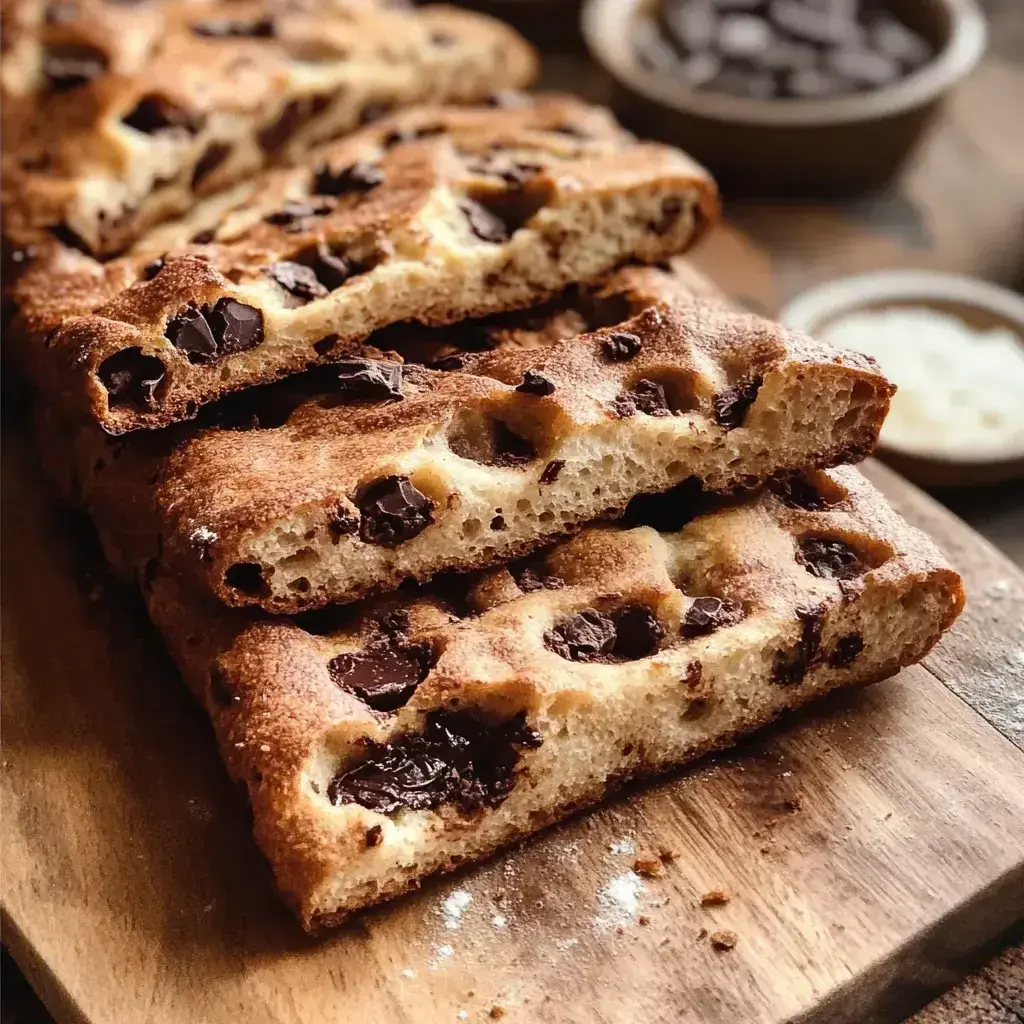 Finished chocolate sourdough focaccia bread sliced with chocolate chips and oil highlights
