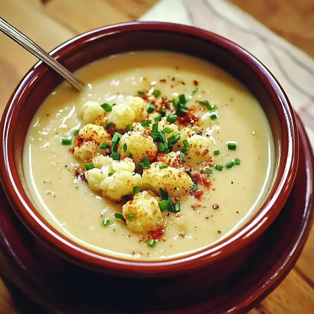 Roasted Garlic Soup served in a bowl with garnishes