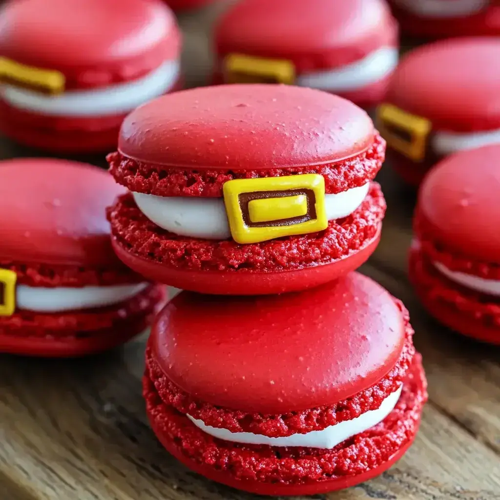 Close-up of Santa Claus Macarons filled with sugar cookie buttercream and rolled in coconut