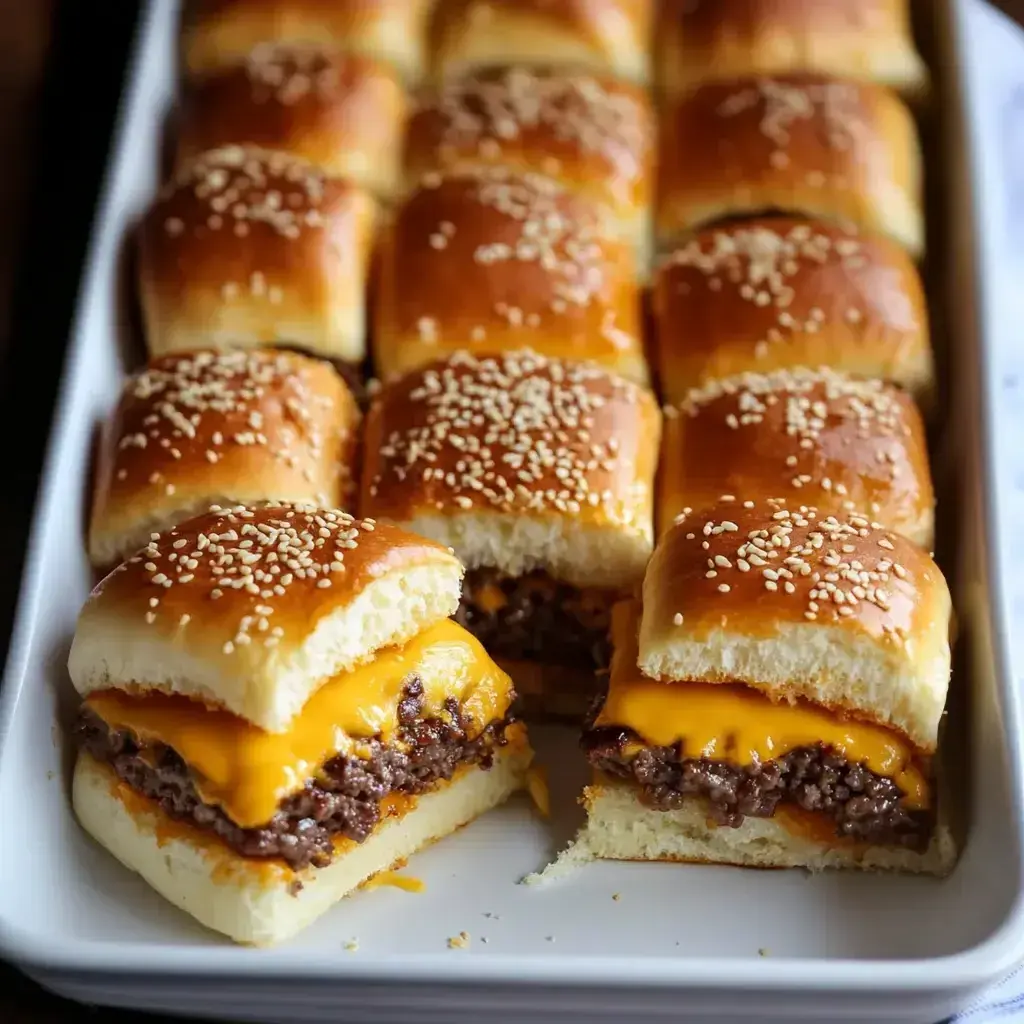 Golden baked Hawaiian Roll Cheeseburger Sliders garnished and served with sides