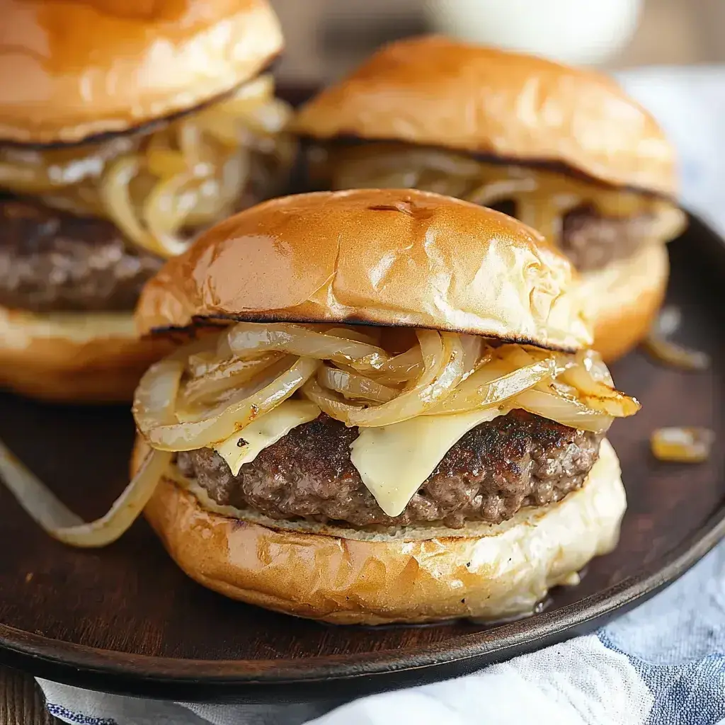 Close-up of assembled Oklahoma Onion Burgers with fresh toppings and sides