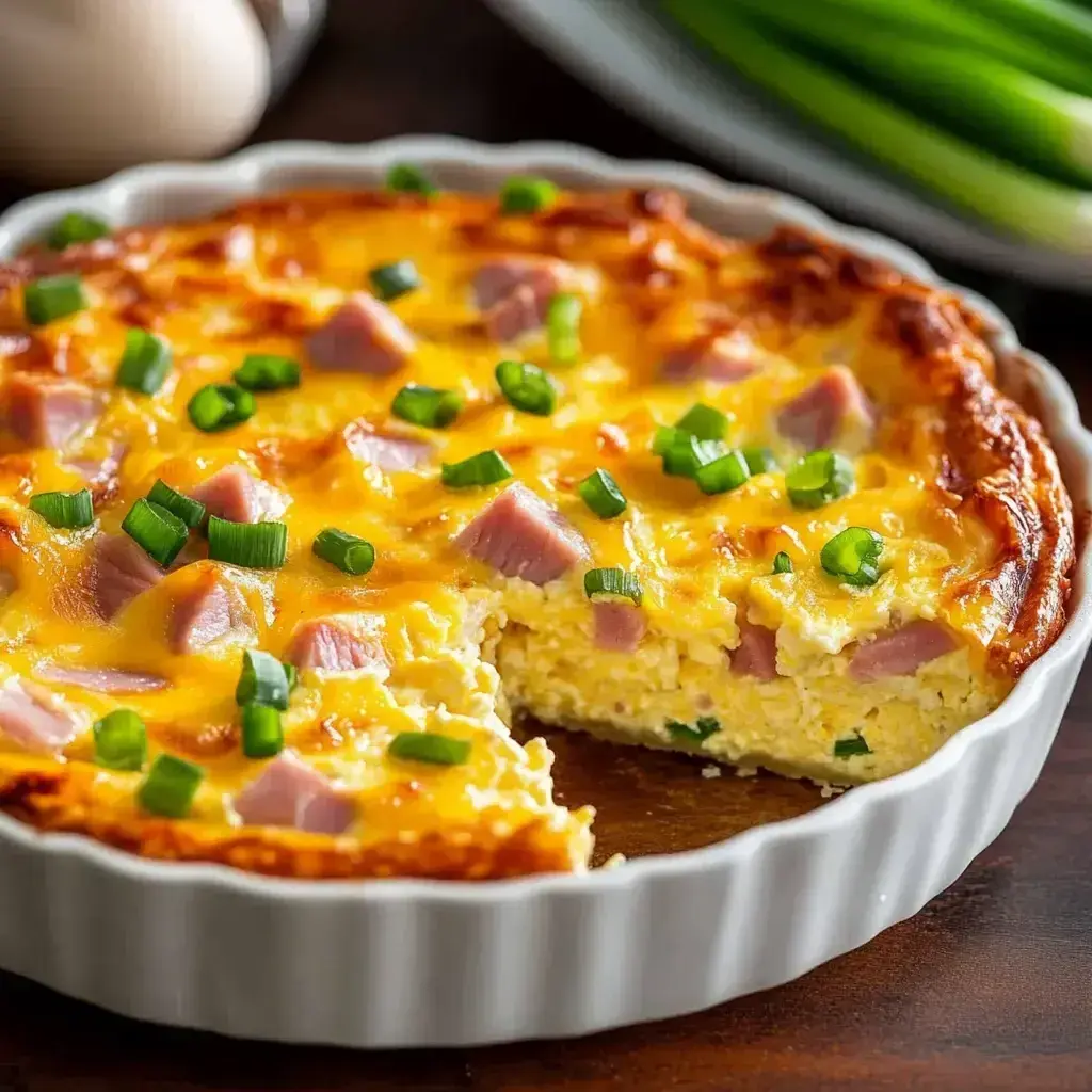 A freshly baked crustless quiche with ham and cheese, golden and steaming hot from the oven.