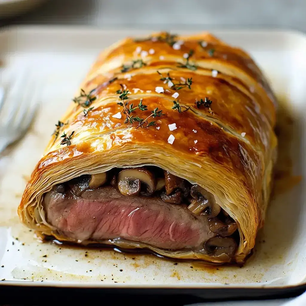 Beef Wellington preparation with tenderloin and mushrooms