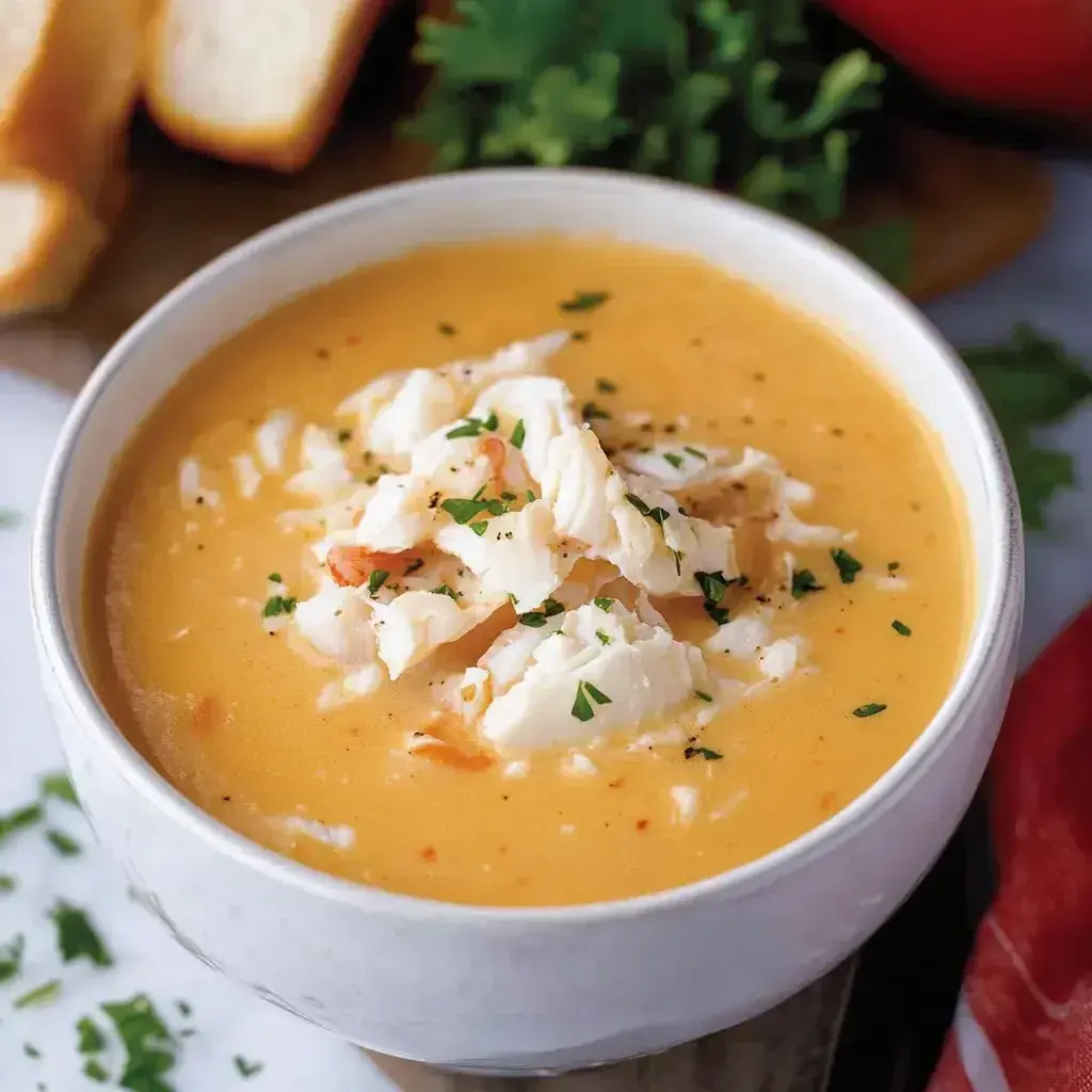 Finished crab bisque served in a bowl with garnishes, ready to enjoy