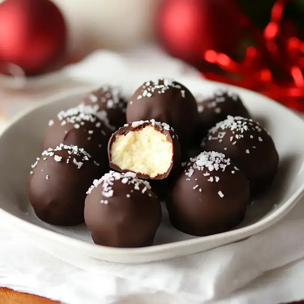 Close-up of eggnog cake balls coated in chocolate with sea salt, showcasing texture and holiday appeal