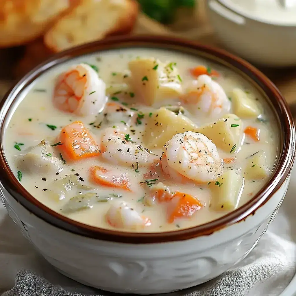A bubbling pot of Creamy Seafood Chowder with visible chunks of shrimp, clams, and carrots in a creamy broth