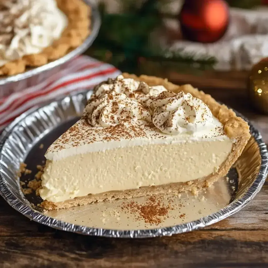 A slice of easy holiday eggnog pie on a plate, with a spoon scooping fluffy whipped cream topping.