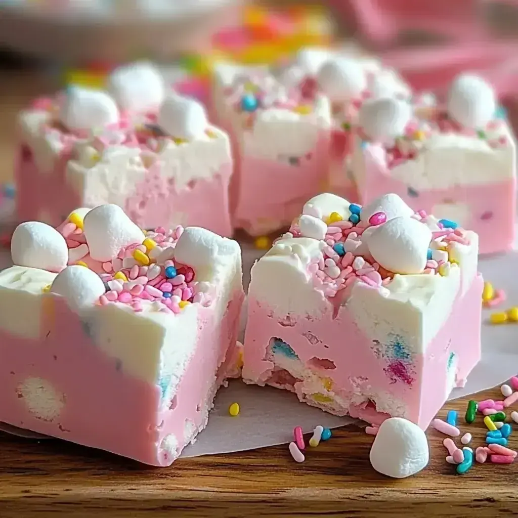 A plate of cut bubblegum fudge squares arranged neatly, showcasing the fluffy marshmallows, pink color, and sprinkle toppings.