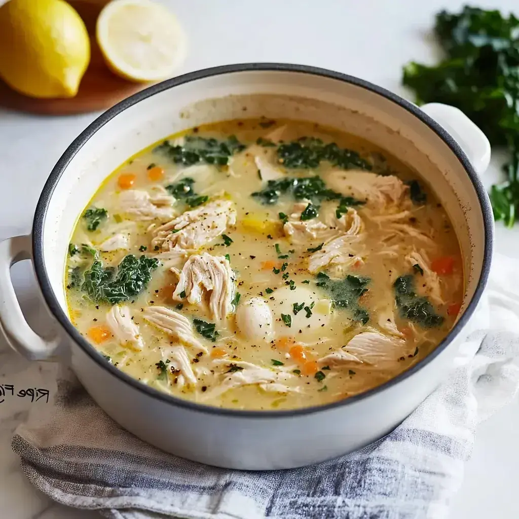 Close-up of Greek Egg-Lemon Soup ingredients: fresh lemons, eggs, dill, and kale on a rustic kitchen counter, evoking Mediterranean freshness and anticipation.