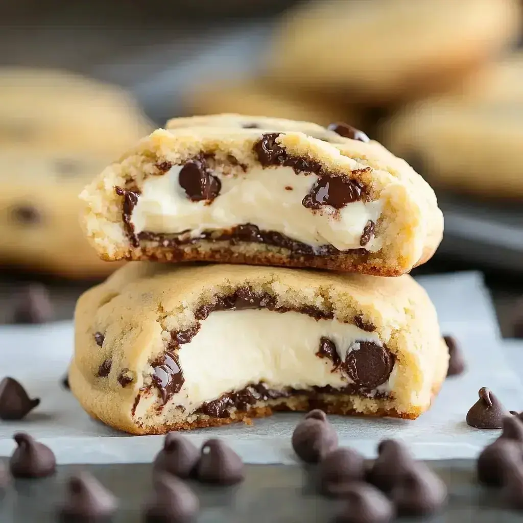 Overhead view of arranged cheesecake stuffed chocolate chip cookies with garnishes