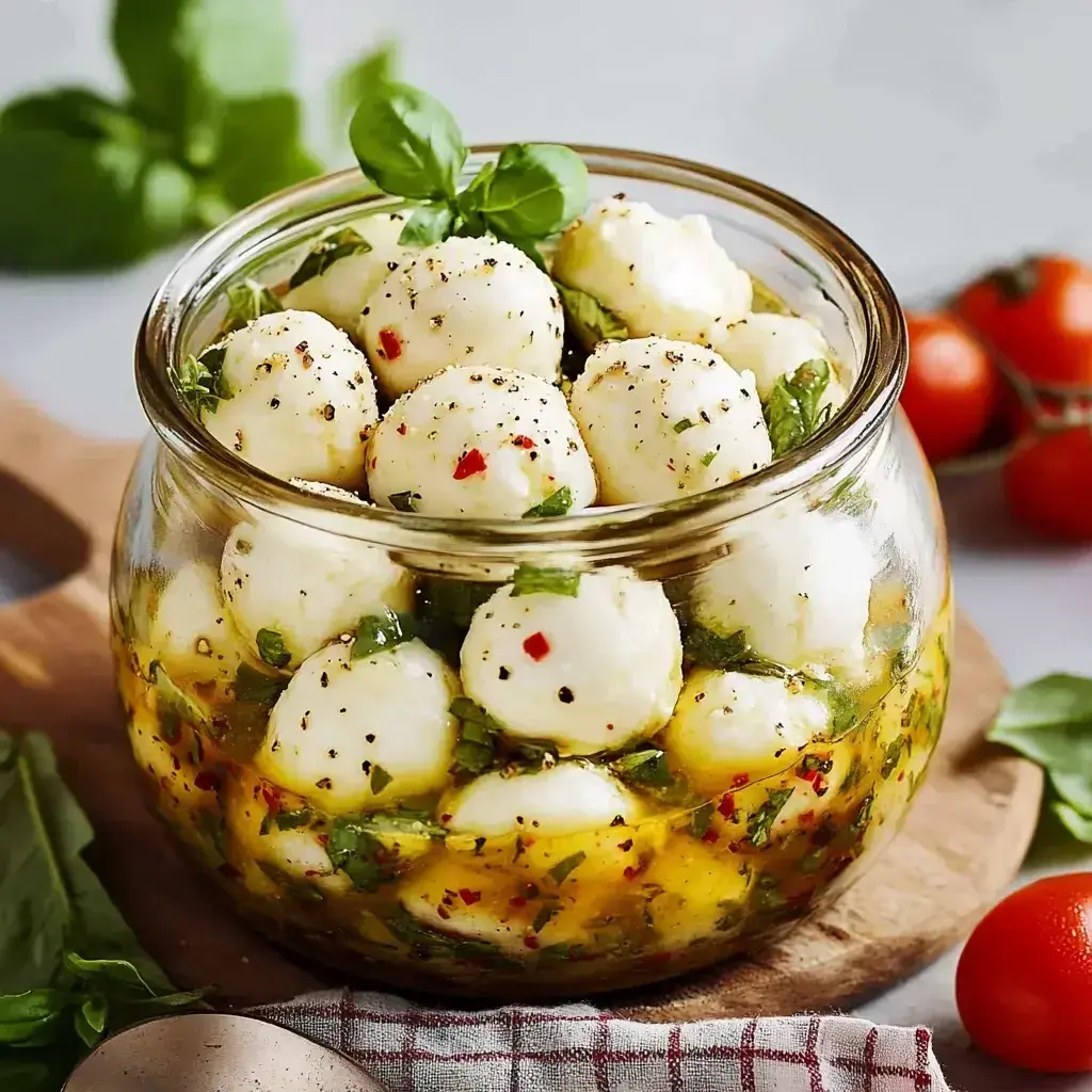 Close-up view of fresh marinated mozzarella balls glistening in olive oil with herbs, lemon slices, and garlic cloves arranged on a rustic wooden board, perfect for an elegant appetizer.