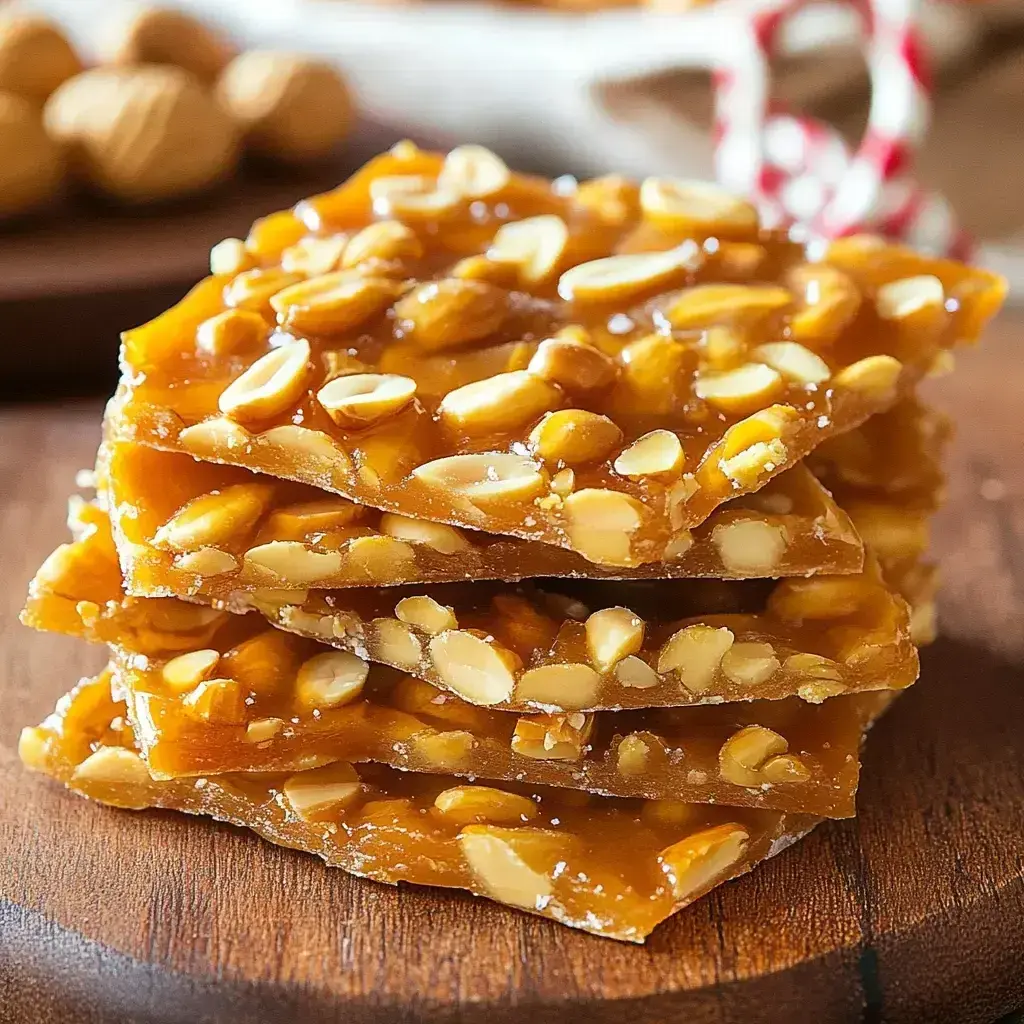 Broken pieces of peanut brittle arranged on a festive platter, ready for serving