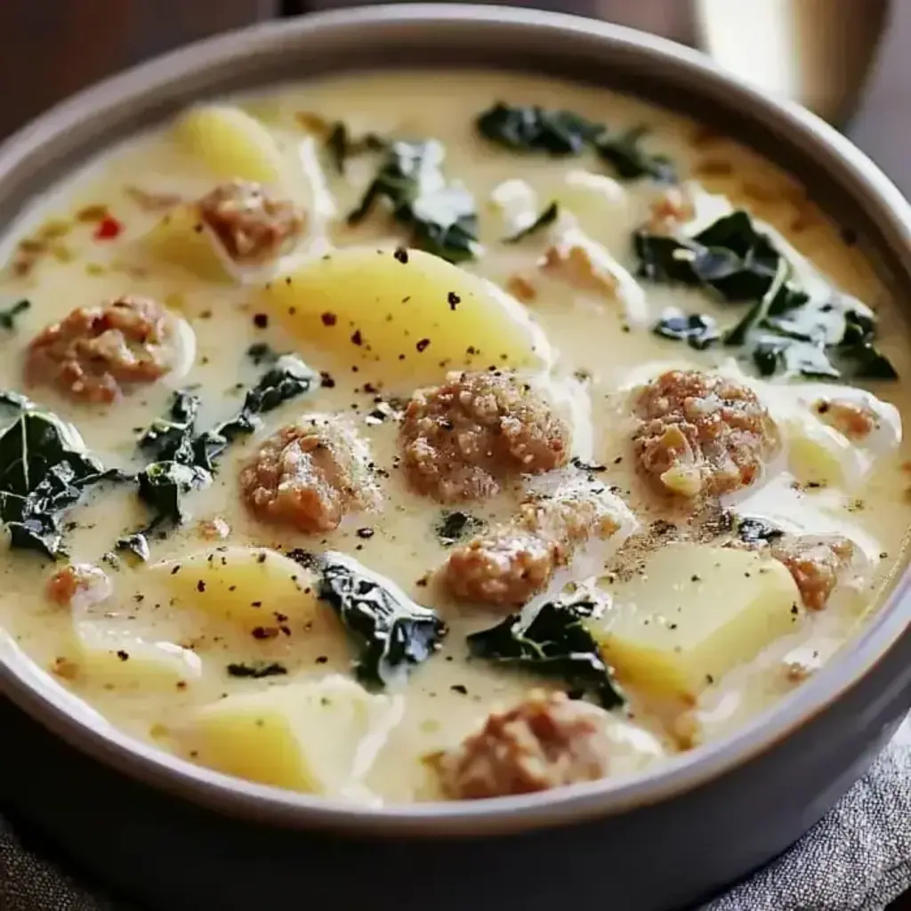 A steaming bowl of Creamy Tuscan Soup garnished with herbs on a rustic table