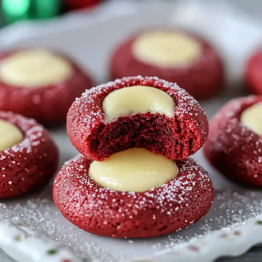 A close-up of the finished red velvet thumbprint cookies decorated with holiday sprinkles and cream cheese centers.