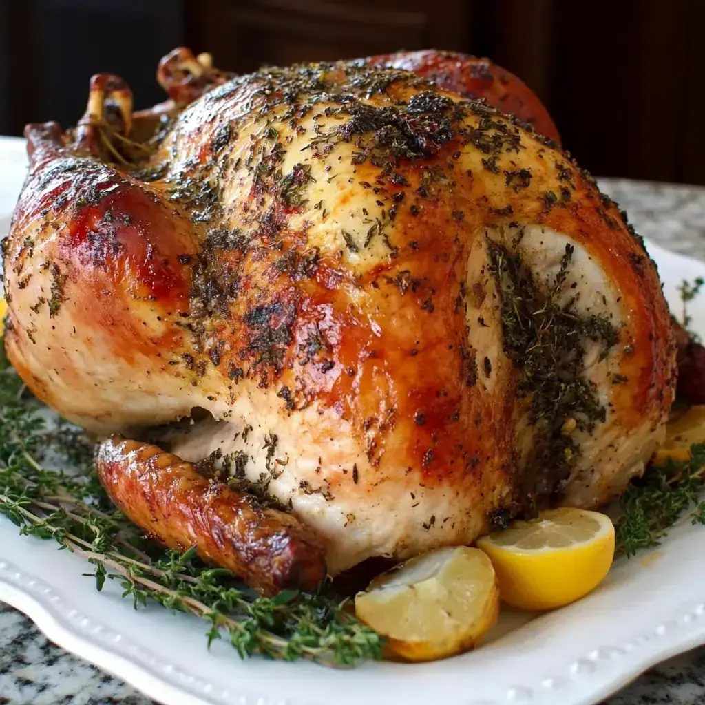 Sliced roast turkey with gravy and side dishes on a holiday table.