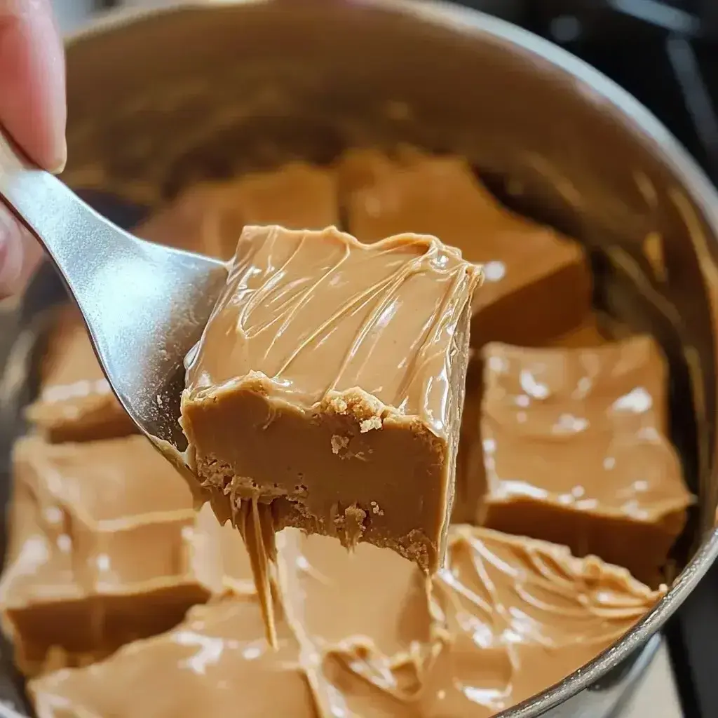 Stack of creamy peanut butter fudge squares on a plate, with sprinkles and a bite taken from one piece.
