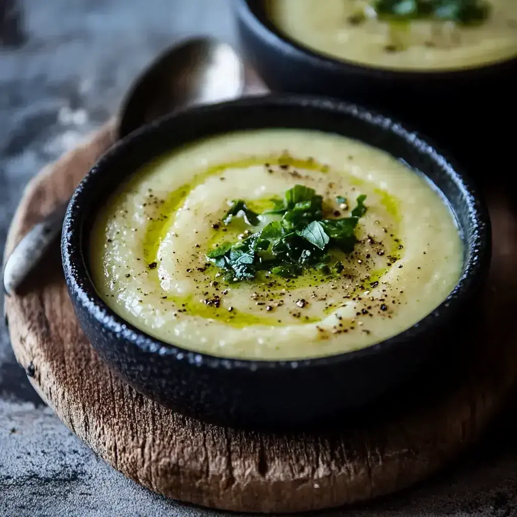 A bowl of garnished creamy root vegetable soup with herbs and a side of bread