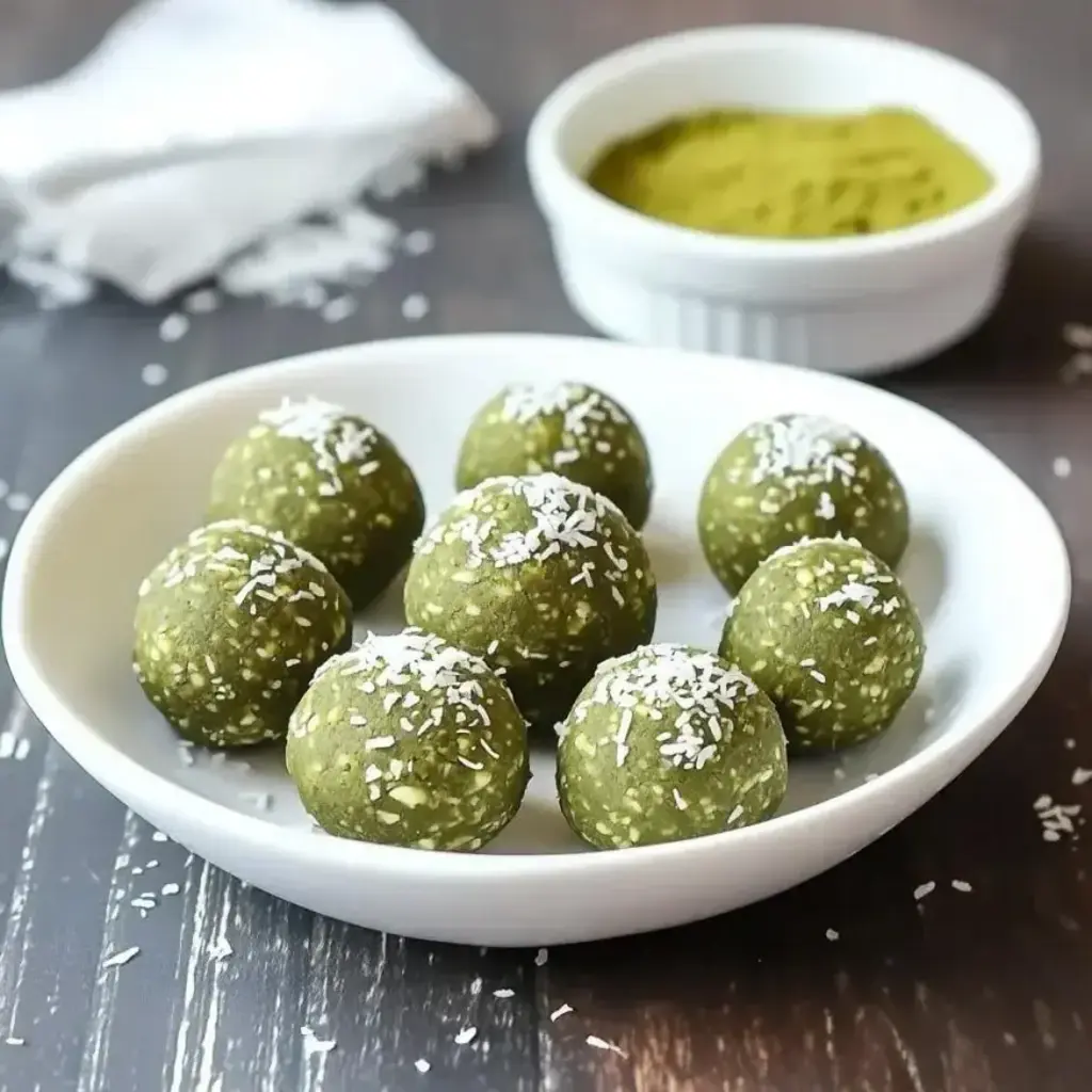 Finished matcha energy bites rolled and chilling on a cooling rack, showcasing their green color and tempting texture.