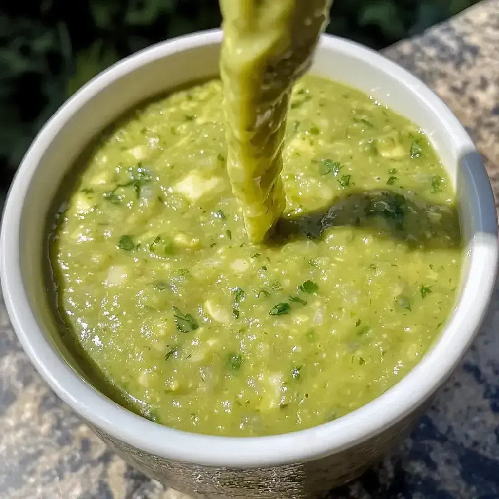 Vibrant bowl of finished Tomatillo Avocado Salsa with chips