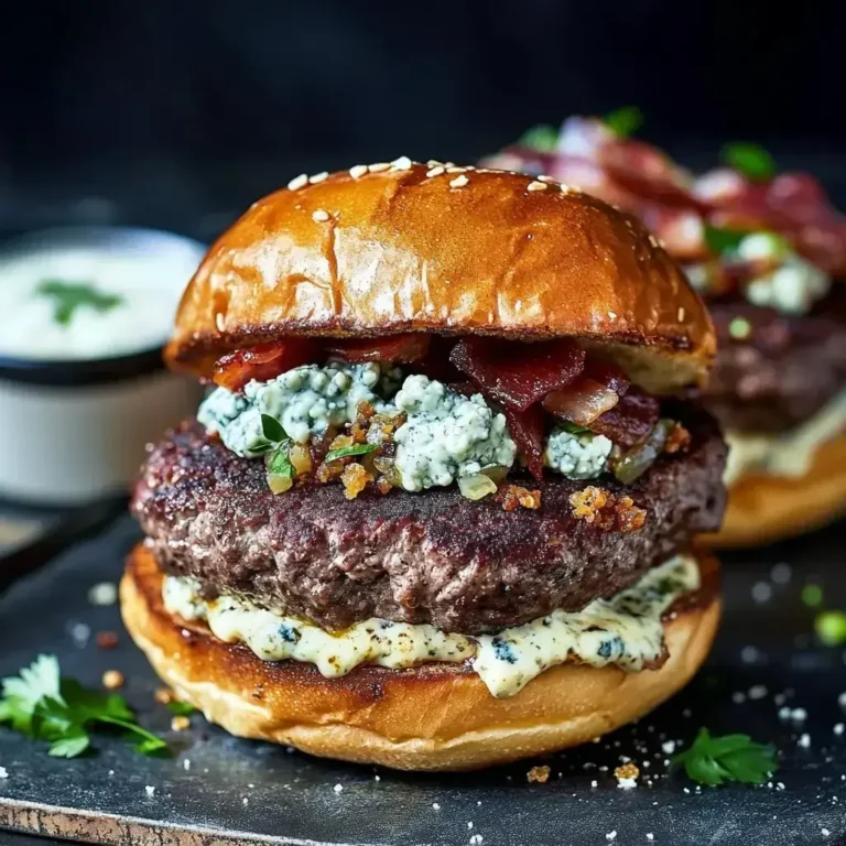 Blue Cheese Burgers with Crispy Pancetta and Onion Chutney