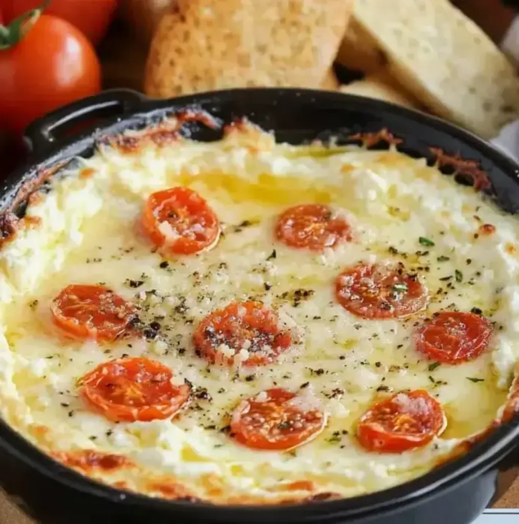 A delicious baked ricotta dip ready to serve, adorned with fresh herbs and served with dipping accompaniments like bread and veggies.