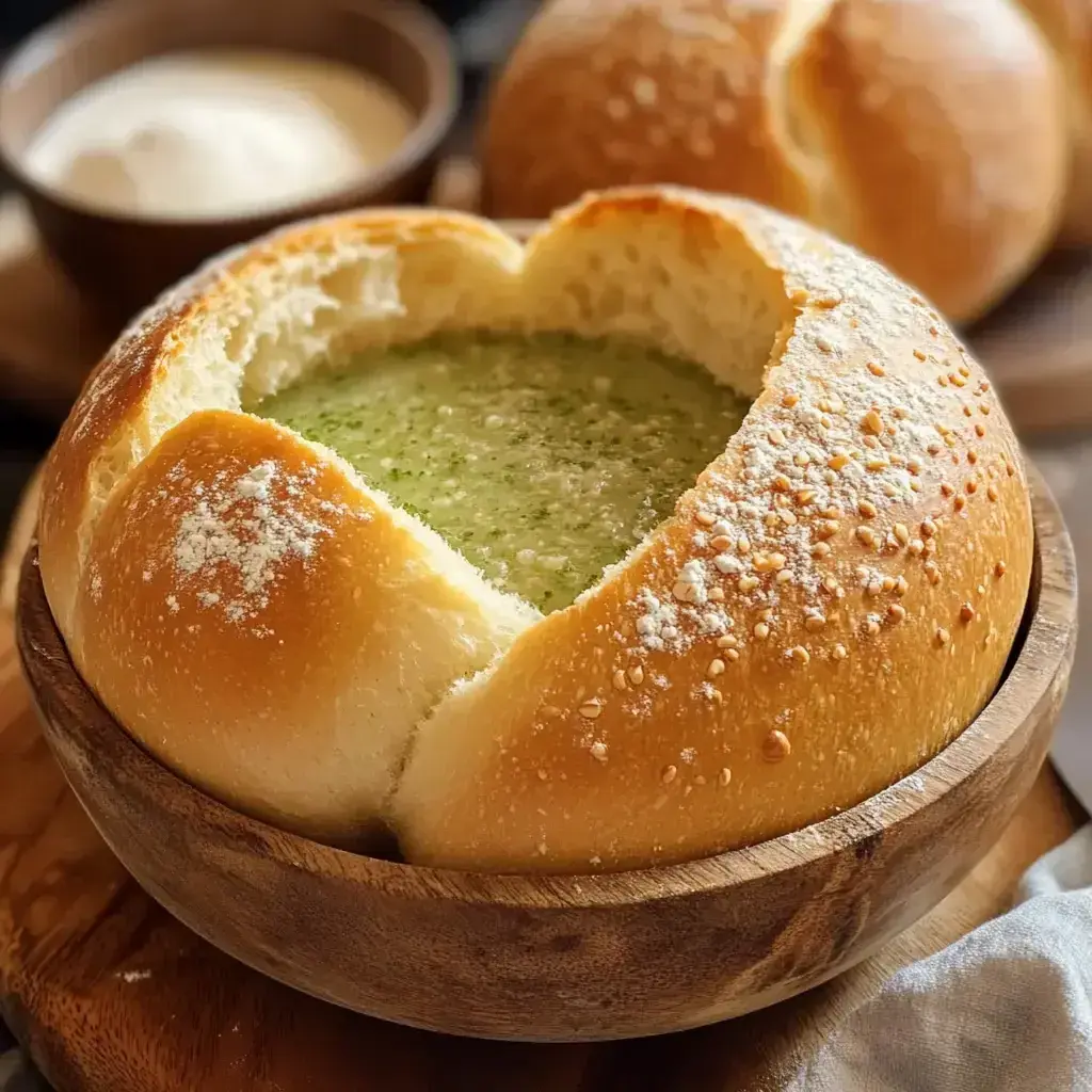 Filled hearty bread bowls with steaming soup inside, showcasing their chewy interior and perfect serving capability