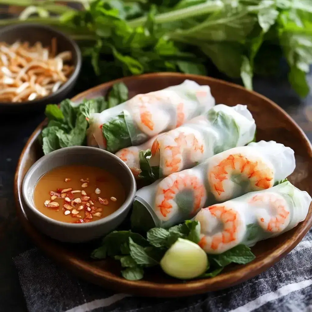 Completed Vietnamese spring rolls on a plate with peanut dipping sauce, ready to serve.