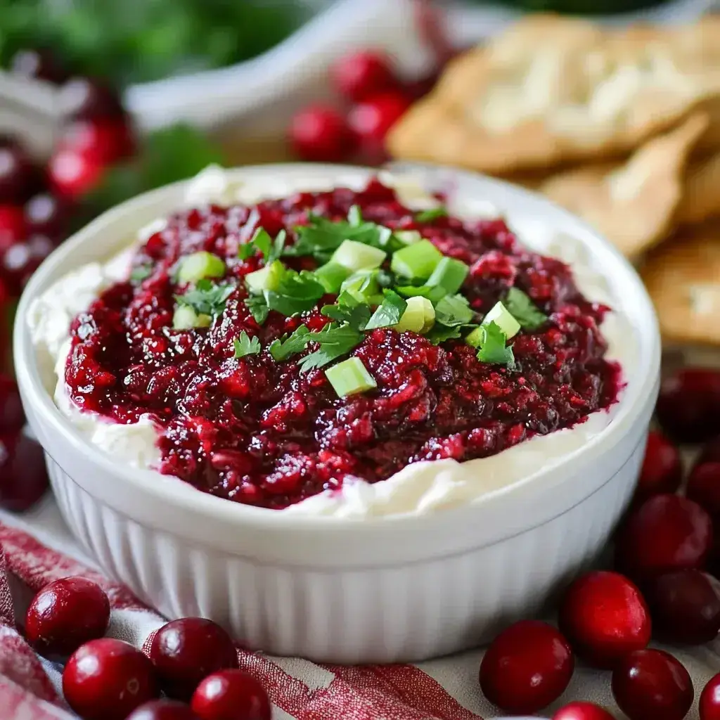 Close-up of layered holiday cranberry jalapeño cream cheese dip with garnishes