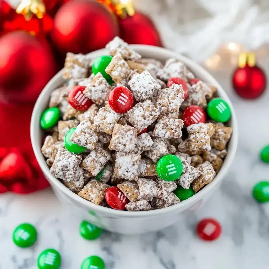 Festive reindeer chow muddy buddies served in bowls