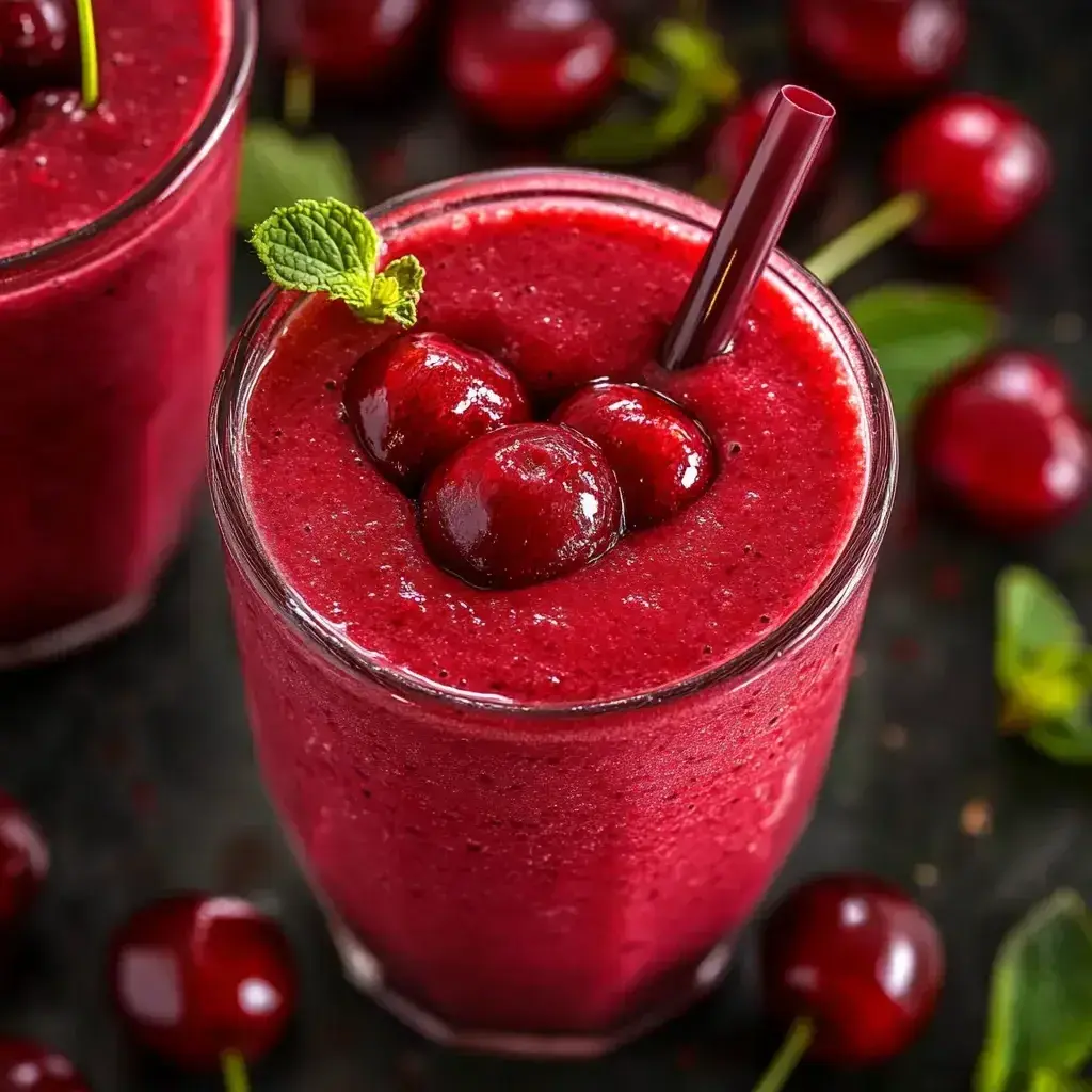 Close-up of fresh ingredients for cherry smoothie, including dark cherries, banana, and yogurt, ready for blending.