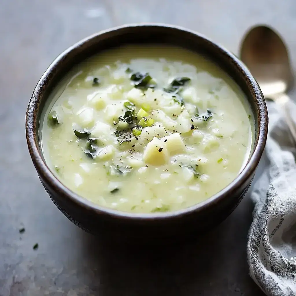 Finished bowl of Irish Potato Greens Soup with garnishes