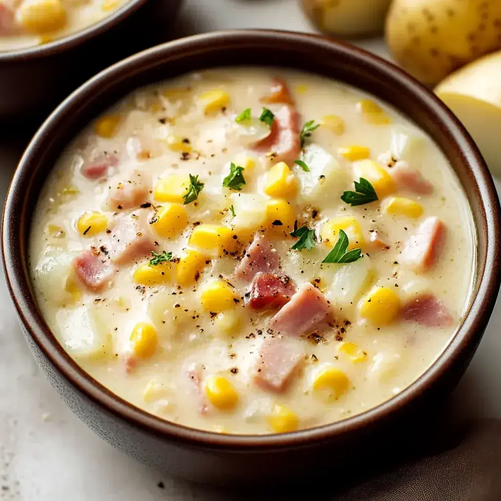 Overhead shot of finished ham and corn chowder in bowls, garnished with herbs and served with bread.