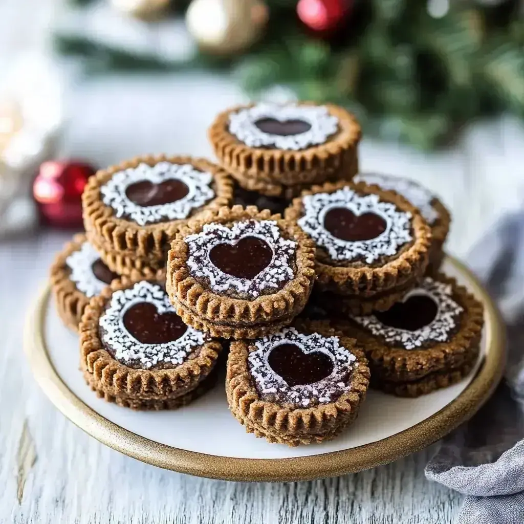 Close-up of dusted Fudge Gingerbread Linzer Cookies, showcasing the patterned tops and fudge peeking through.