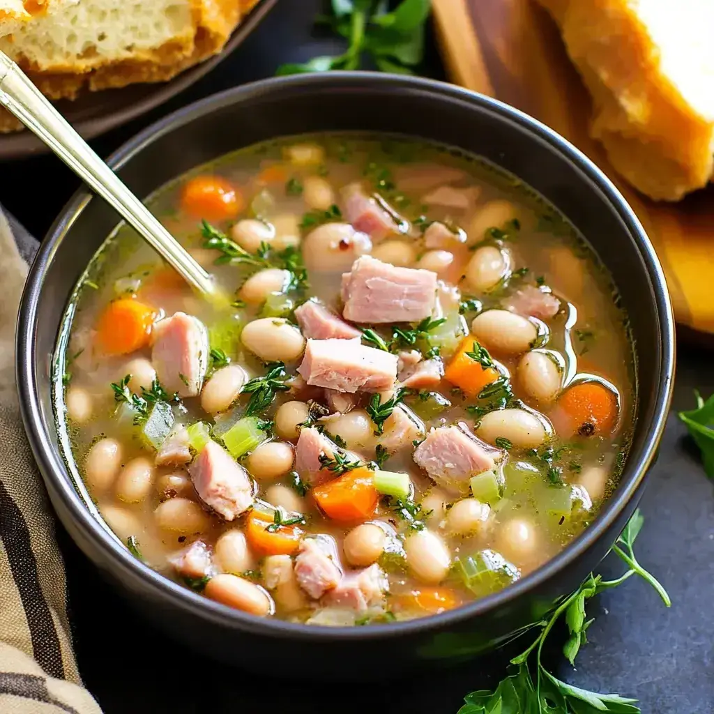 A bowl of finished ham and bean soup ready to eat.