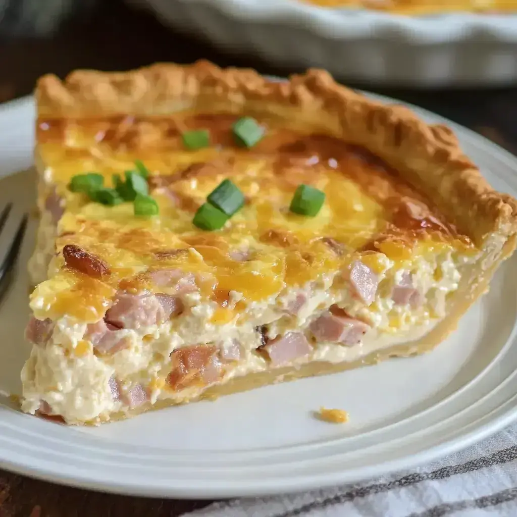 Close-up of a slice of creamy ham cheese quiche on a plate, showcasing fillings
